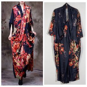 BUYKUD Drapey V-Neck Boho Maxi Dress Womens Sz XL Blue Floral Artsy